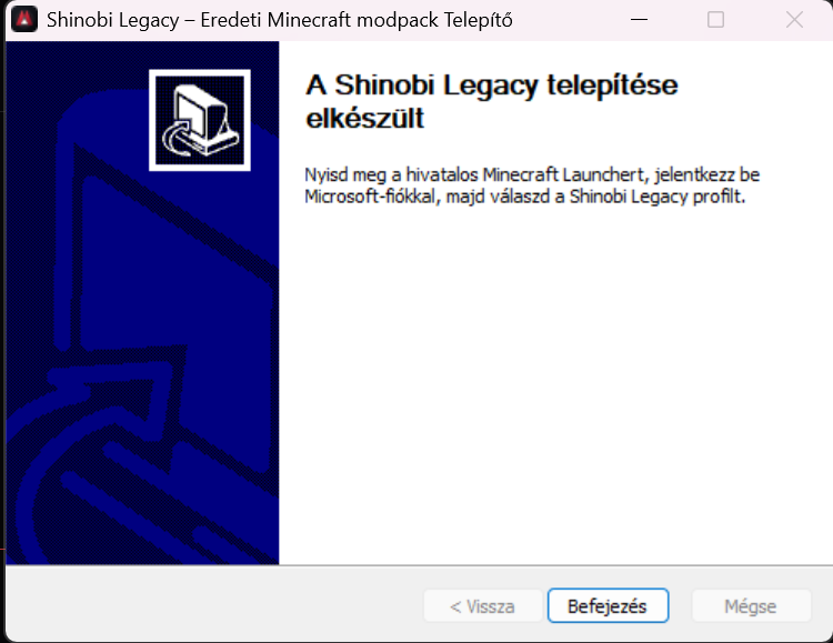 A modpack telepítésének befejező képernyője